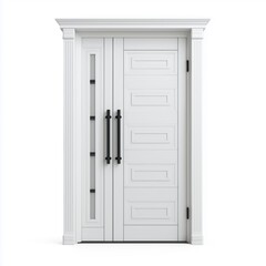 Modern white wooden front door with sleek black handle and minimal geometric panels on plain white background