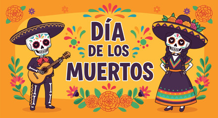 Vector illustration of Día de los Muertos celebration with festive skeletons in traditional Mexican outfits, guitar, flowers, and decorative typography on a bright background