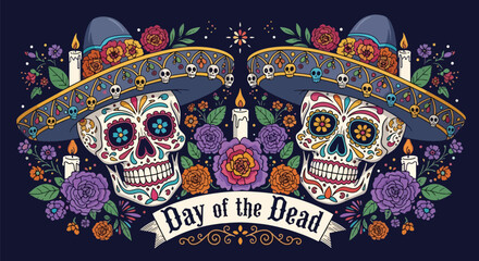 Vector art of Día de los Muertos skulls wearing sombreros with floral decorations and ornate typography, celebrating Mexican Day of the Dead tradition and cultural heritage © meeblues