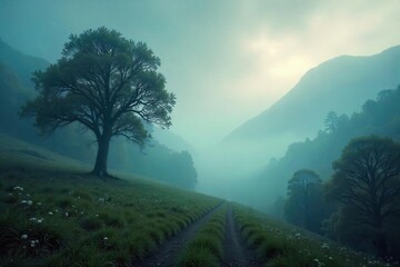 Ethereal Misty Landscape Dreamy Foggy Hills, Serene Nature Background for Fantasy, Travel, and Atmospheric Projects