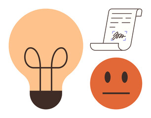 Lightbulb for creativity, signed document for agreements, and neutral face for emotions. Ideal for innovation, business, agreement, contracts, decision-making, problem-solving and emotional