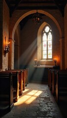 Rustic Church Interior Warm Candlelight Illuminates Ancient Stone Walls and Wooden Pews, Casting Soft Shadows ? Perfect for Religious, Spiritual, or Contemplative Themes.