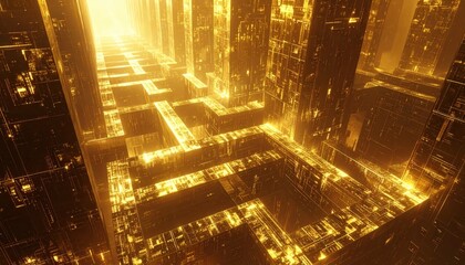 Illuminated maze-like structures in a futuristic environment glow with radiant gold, showcasing complex geometric patterns with a warm and inviting light source.