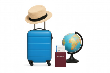 Blue luggage with hat, passport, and boarding pass next to a globe, representing world travel and adventure
