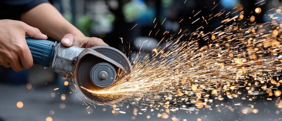 Worker uses angle grinder to cut metal, creating bright sparks, in a workshop during daylight hours