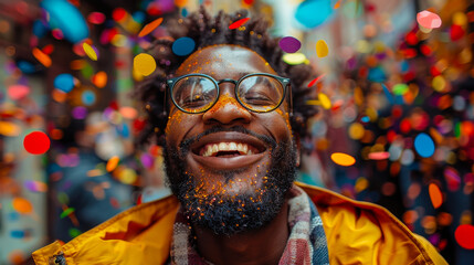 Joyful Black Disabled Office Worker Celebrating Promotion with Confetti, Workplace Diversity and Inclusion, Bright Day, Happy Mood
