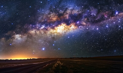 Brilliant Milky Way Galaxy Over Rural Countryside at Night with Starry Sky and Glowing Horizon, Capturing Celestial Beauty and Vastness of Universe
