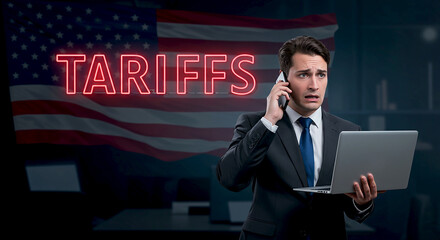 Tariff Worries Business Executive Stressed by US Import Taxes News Calling Urgent on Phone with Laptop American Trade