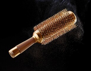 Golden Radiance: A Luxurious Hair Brush Bathed in Glittering Light on a Dark Backdrop, Style and Elegance