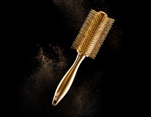Golden Brushstrokes: An Elegant Hairbrush Amidst a Shower of Glittering Gold Particles on Black