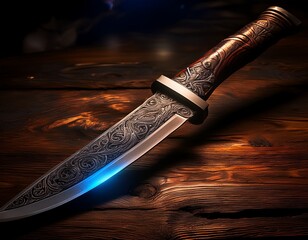 Ornate Dagger: Intricate Etched Blade with Wooden Hilt, Resting on a Rustic Wooden Surface, bathed in Dramatic Lighting.