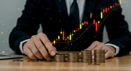 Financial Growth and Wealth Accumulation Businessman Stacking Coins with Stock Market Chart Overlay for Investment