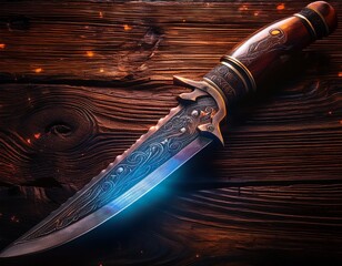 Ornate Hunting Knife on Rustic Wood Surface with Blue Light Reflection and Intricate Engravings.