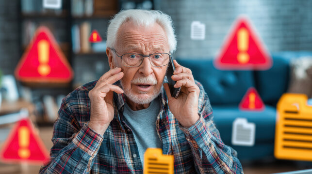 Cautious elderly man holding phone with worried expression while speaking to scammers, concept of cybercrime, financial theft, online fraud, and personal data protection.
