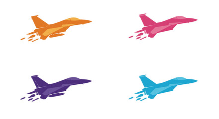 Four colorful jet fighter plane silhouettes in dynamic flight positions