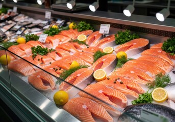 Fresh raw salmon fillets and steaks on a display counter. Seafood market with fish on ice for sale. Healthy food and nutrition concept