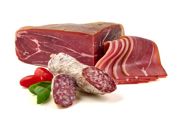 Cured Jamon with Salami, isolated on white background