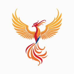 Fototapeta premium Dynamic Phoenix Bird with Orange, Red, and Blue Wings in Mid-Flight in Bright Studio
