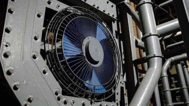 Industrial cooling system with large fan and metal piping in a manufacturing facility