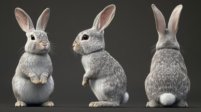 Generate three views, one is the front view, the second is the side view, the third is the rear view, the full body photo,3D, the rabbit -