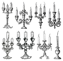 PNG Vintage ornate candelabra illustrations, element set on transparent background