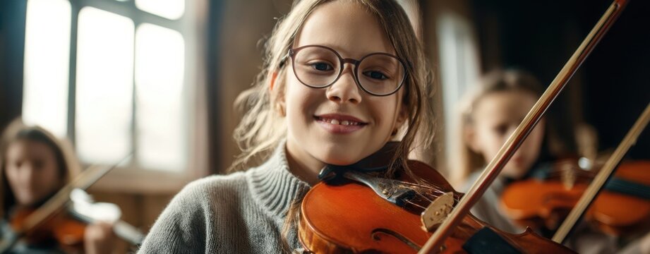 The young violinist smiling while playing in a sunlit orchestral practice classroom