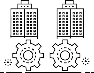 Modern corporate buildings and industrial gears representing business synergy and efficiency vector