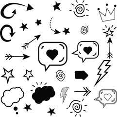 Collection of hand drawn doodle icons including arrows hearts stars speech bubbles and lightning bolts