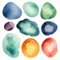 Colorful watercolor blobs in various shapes and hues on a black background