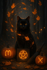 Dark Halloween illustration, black cat, pumpkins with carved runes, swirling leaves, and a sense of ancient magic