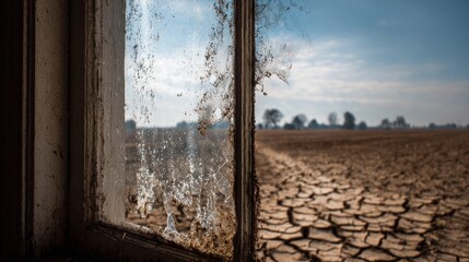 Cracked earth seen through a dirty window pane on a cloudy day in a desolate field