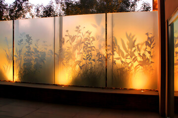 Illuminated plants seen as dark silhouettes through frosted glass, play of light and shadow, modern design idea for partitions and outdoor fencing