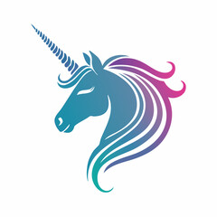 Obraz premium Mystical Blue Unicorn Head with Dark Horn and Flowing Teal and Purple Mane, a powerful and enchanting animal design on an isolated white background