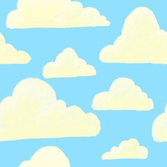 Seamless pastel sky pattern with fluffy white clouds on a light blue background. Soft, hand-drawn cartoon style ideal for children’s designs, wallpapers, fabrics, 