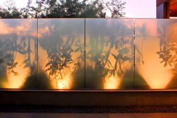 Illuminated plants seen as dark silhouettes through frosted glass, play of light and shadow, modern design idea for partitions and outdoor fencing