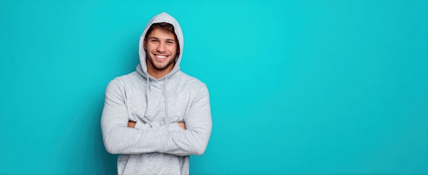 The Man in Gray Hoodie Smiling with Arms Crossed Against Turquoise Studio Background