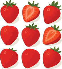 Nine red strawberries whole and halved with green leaves