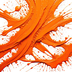 Vibrant orange paint swirls & splashes against black. Abstract fluid art, textured design