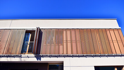 Newly built terraced houses in a residential area. Modern terraced houses on the outskirts of the city.