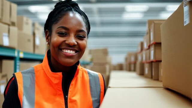Young smiling African American woman working in a postal service warehouse. Focused and happy, she sorts mail in a fast-paced postal service warehouse.