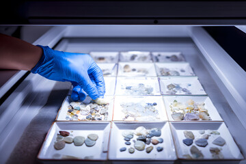 The frame shows the hand of a scientist studying images of rocks and minerals in laboratory conditions, geological research and process analysis.