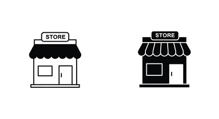 Simple black and white storefront icons with different architectural styles