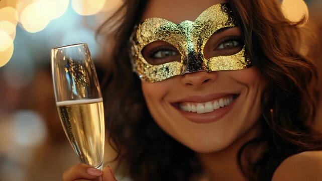 A woman wearing a mask holds a glass of champagne, perfect for a masquerade ball or cocktail party