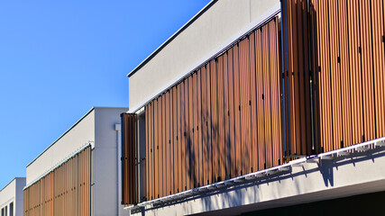 Newly built terraced houses in a residential area. Modern terraced houses on the outskirts of the city.