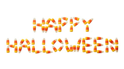 Sweeten the Season with Candy Corn: Happy Halloween message created from classic candy corn pieces, perfect for festive fall promotions and holiday greetings