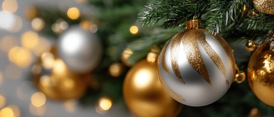 Christmas tree adorned with gold and silver ornaments highlighting festive decorations and warm bokeh lights during the holiday season