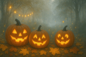 Halloween scene with smiling carved pumpkins illuminating a dark autumn forest, their light flickering against the fog and falling leaves