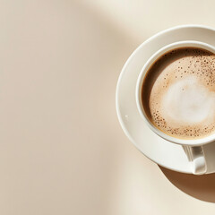 A white coffee cup with a white saucer sits on a table. The coffee is hot and has a creamy foam on top. Concept of comfort and relaxation, as the warm beverage is often associated with taking a break