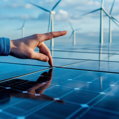 A hand pointing at a wind farm. The wind farm is a large group of wind turbines. The hand is pointing to the wind farm, indicating that it is an important or interesting subject