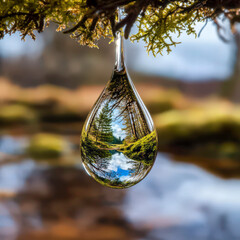 A water droplet is reflected in a tree branch. Concept of tranquility and serenity, as the droplet seems to be suspended in time, capturing the beauty of nature